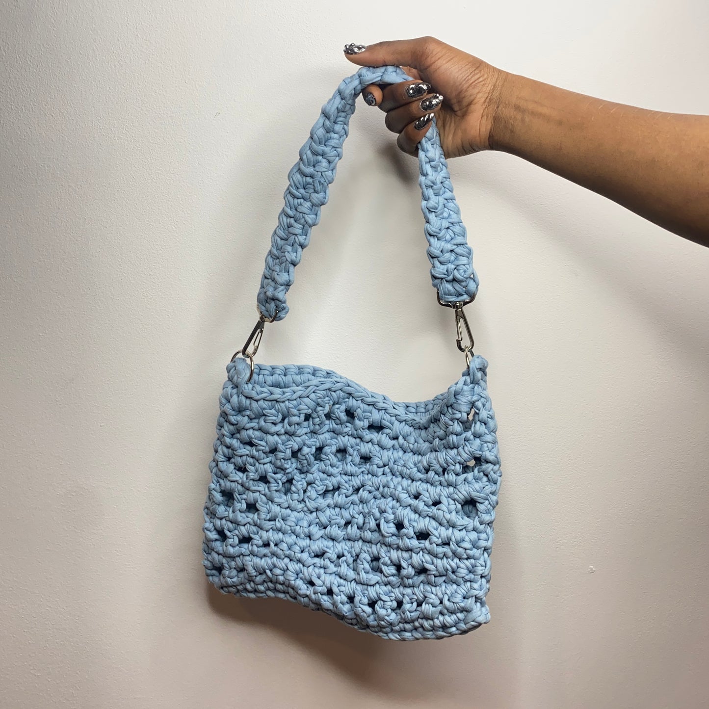 tiana esparon baby blue crochet bag