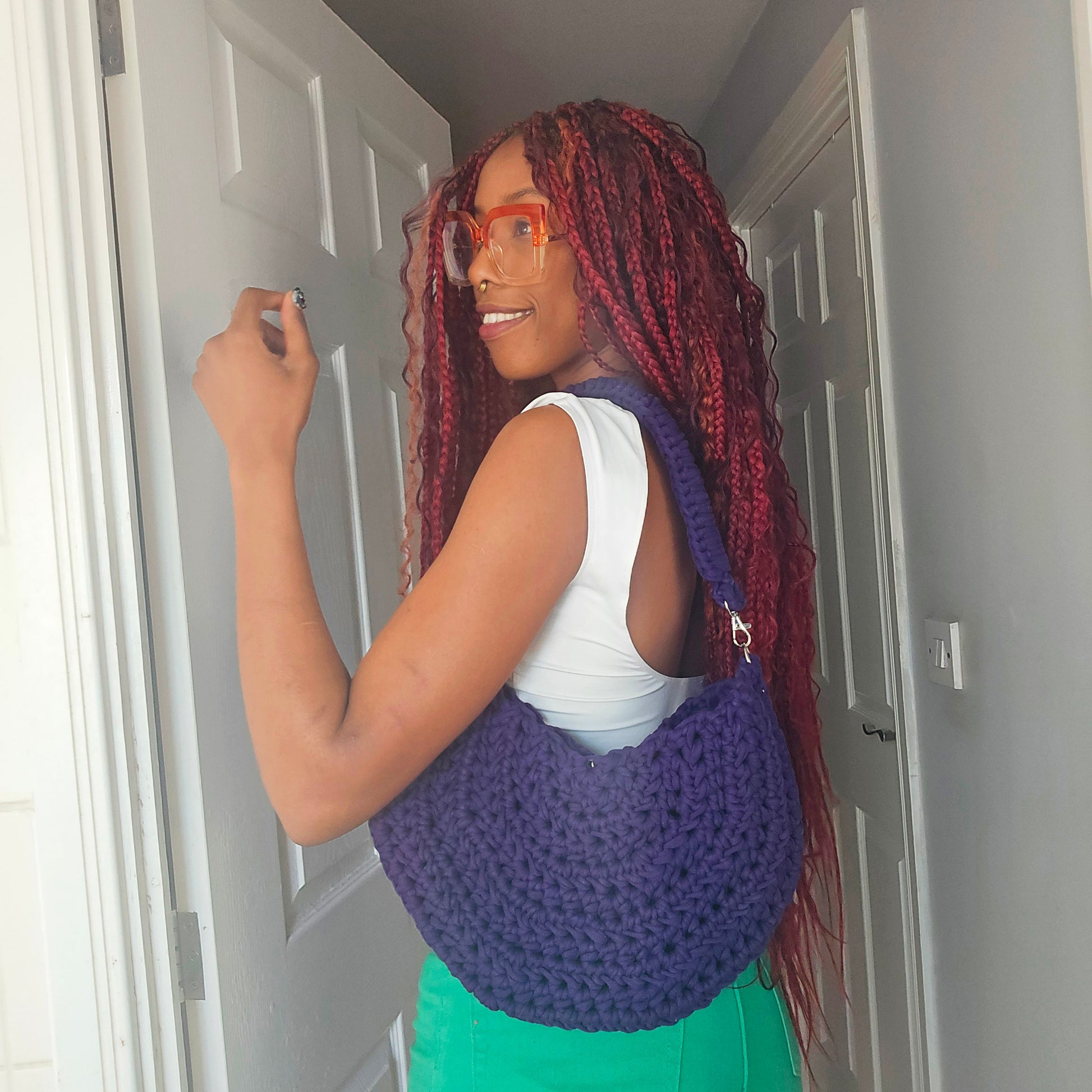 tiana esparon purple crochet bag