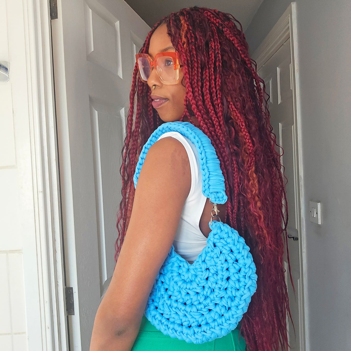 tiana esparon baby blue crochet bag