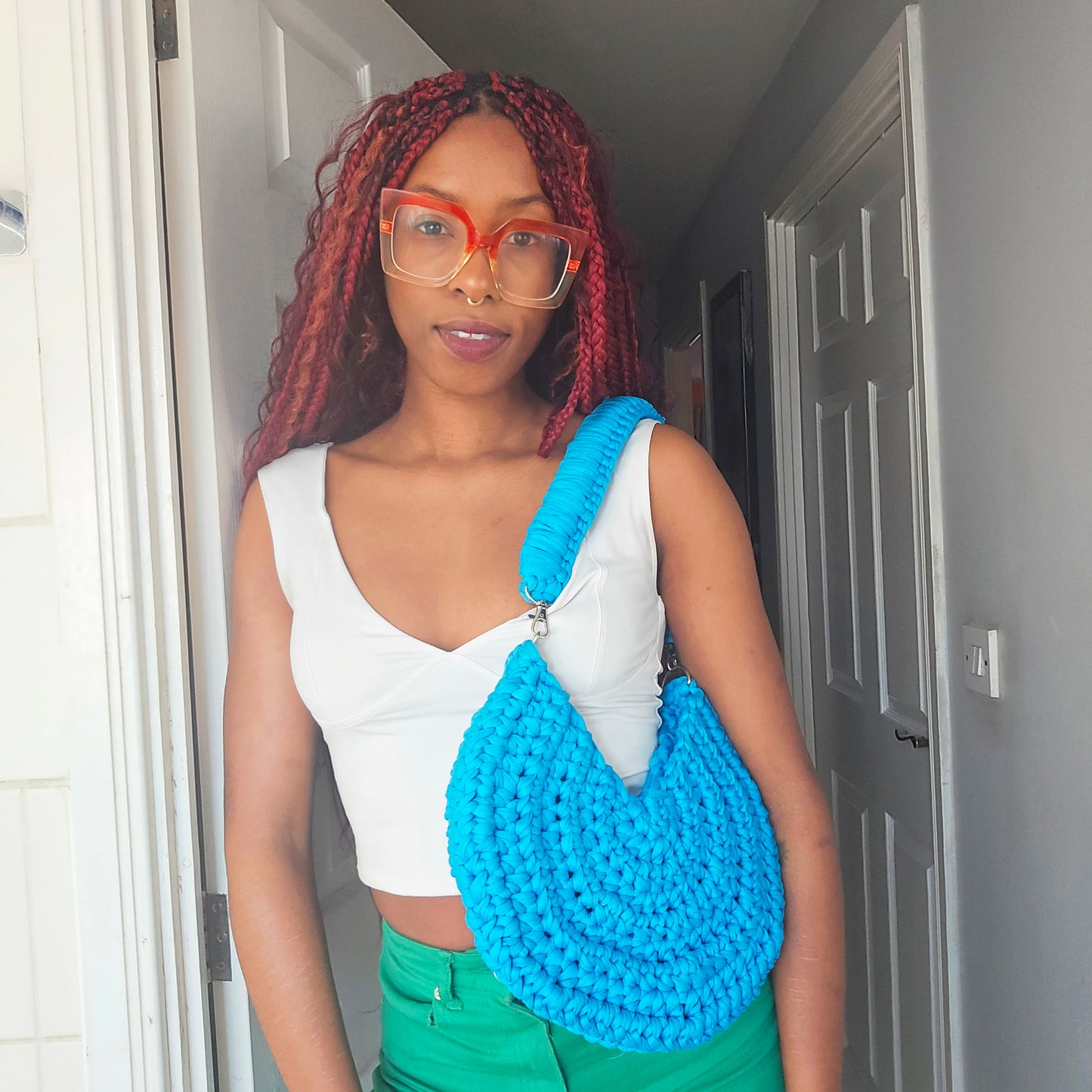 tiana esparon blue crochet bag