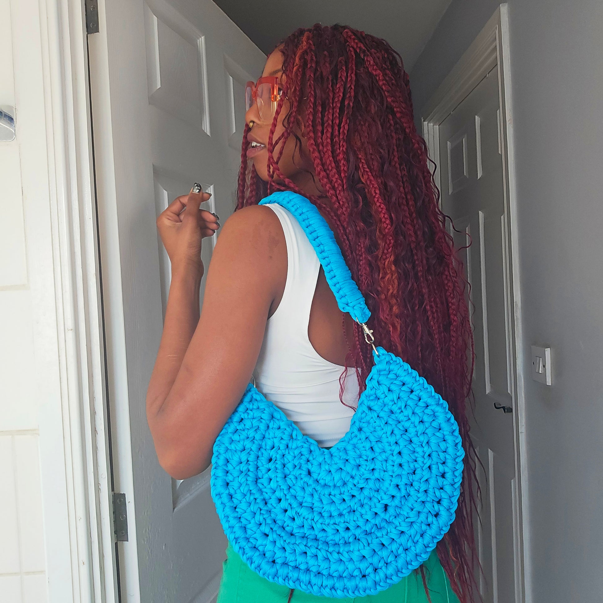 tiana esparon blue crochet bag