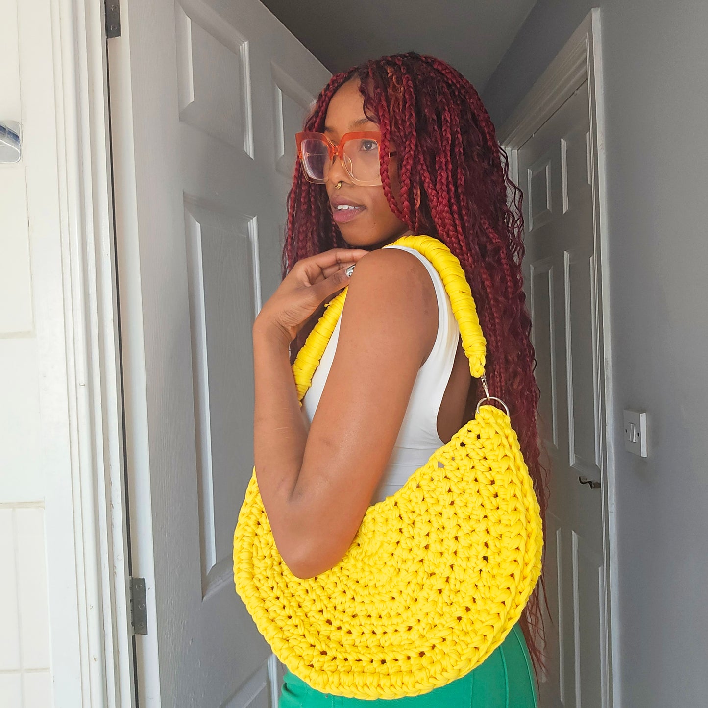 tiana esparon yellow crochet bag