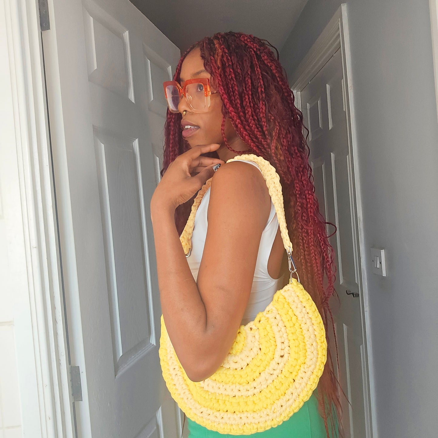 tiana esparon yellow crochet bag